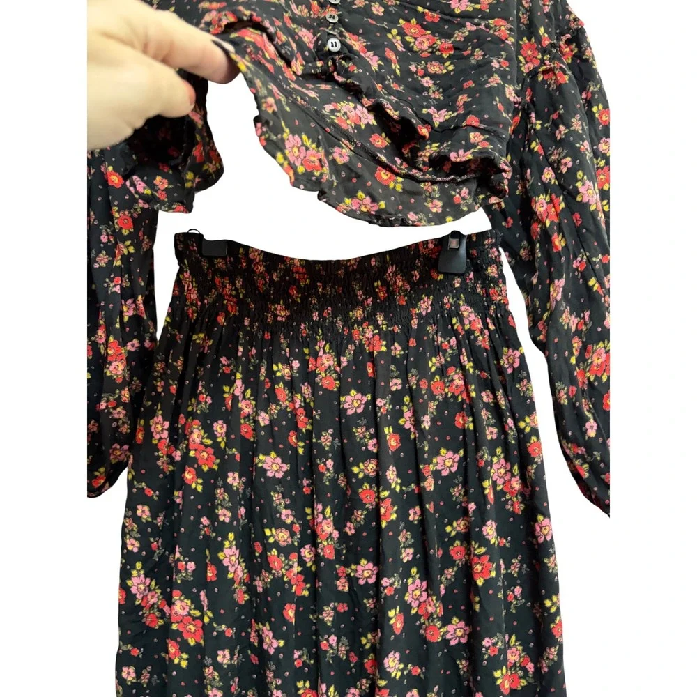 Free People Secret Garden Set Boho Black Floral Tiered Maxi Skirt Set Black S/M